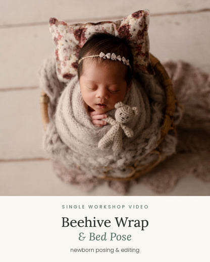 Newborn in a beehive knit wrap with teddy bear, taught in the Appleseed beehive wrap posing video